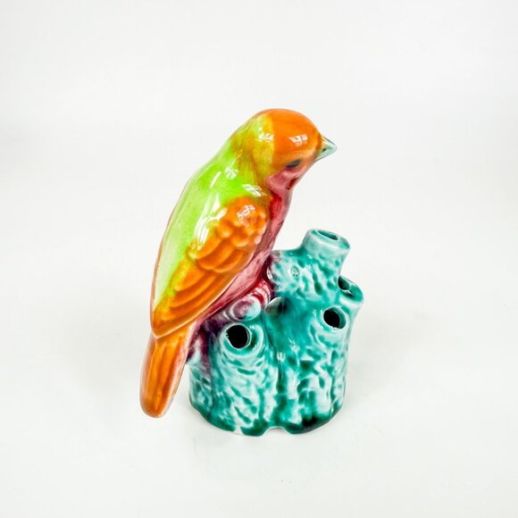Vintage Majolica Bird Parrot Parakeet Ceramic Flower Frog Made In Japan - Picture 3 of 6